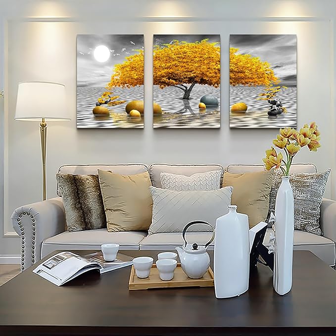 Wall decorations for living room Canvas Wall Art for bedroom Abstract wall decor Black and white Canvas Art Yellow tree paintings bathroom Home Decoration 3 Piece Hang Pictures Office Wall Artworks