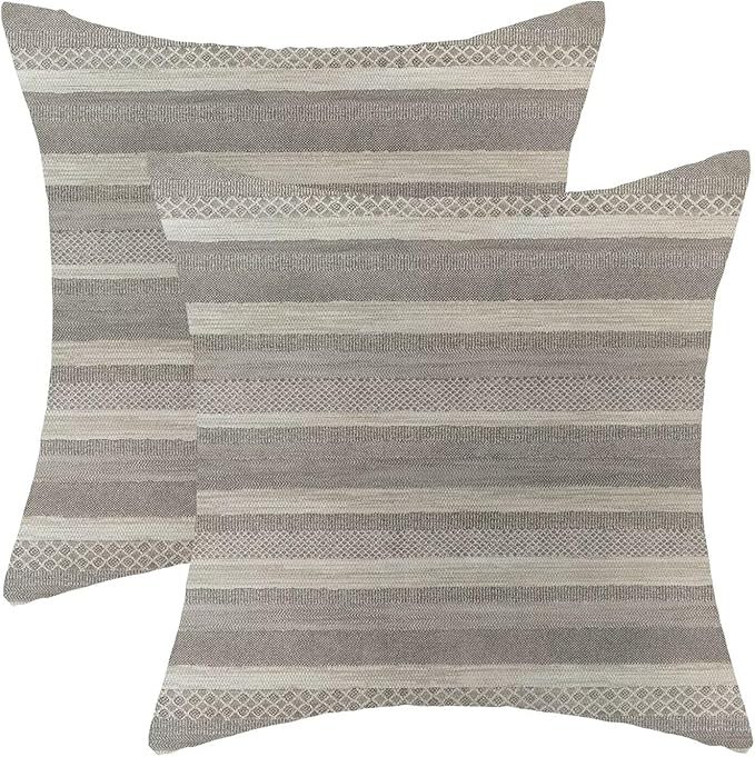 Boho Grey Stripe Throw Pillow Covers 18x18 Inch Set of 2, Rustic Abstract Decorative Throw Pillow Covers Retro Stripe Neutral Outdoor Cushion Cover for Sofa Couch Farmhouse Room Bed Decor