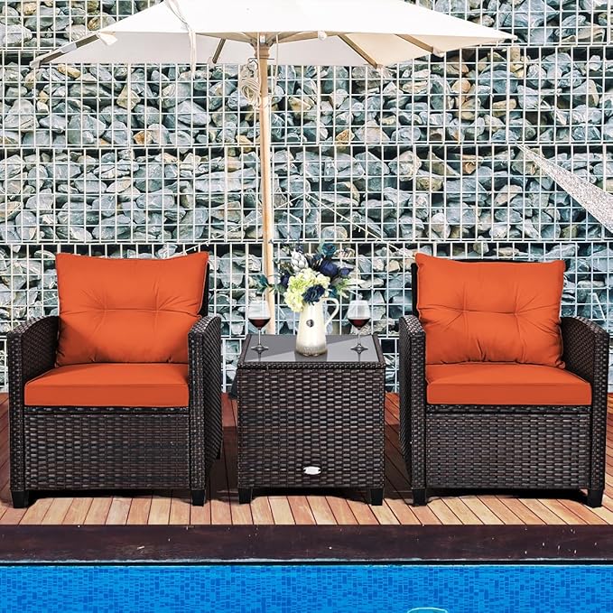 RELAX4LIFE 3 Piece Patio Furniture Set, Wicker Bistro Conversation Set w/2 Cushioned Armchairs & Glass Topped Table, Outdoor Rattan Sofa Set Patio Furniture for Porch Balcony Poolside (Orange)