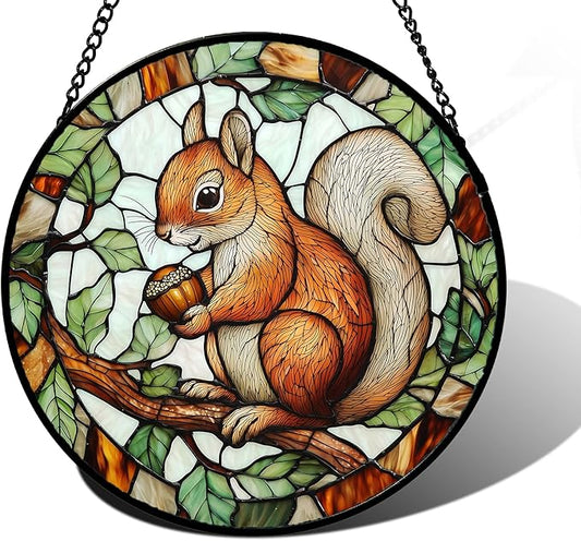 Stained Glass Window Hanging, Squirrel on a Branch Suncatcher Diamond Glass Panel Animal Sun Catchers Decor for Birthday for Women, Men, Wife, Aunt, and Mom 9.8 in