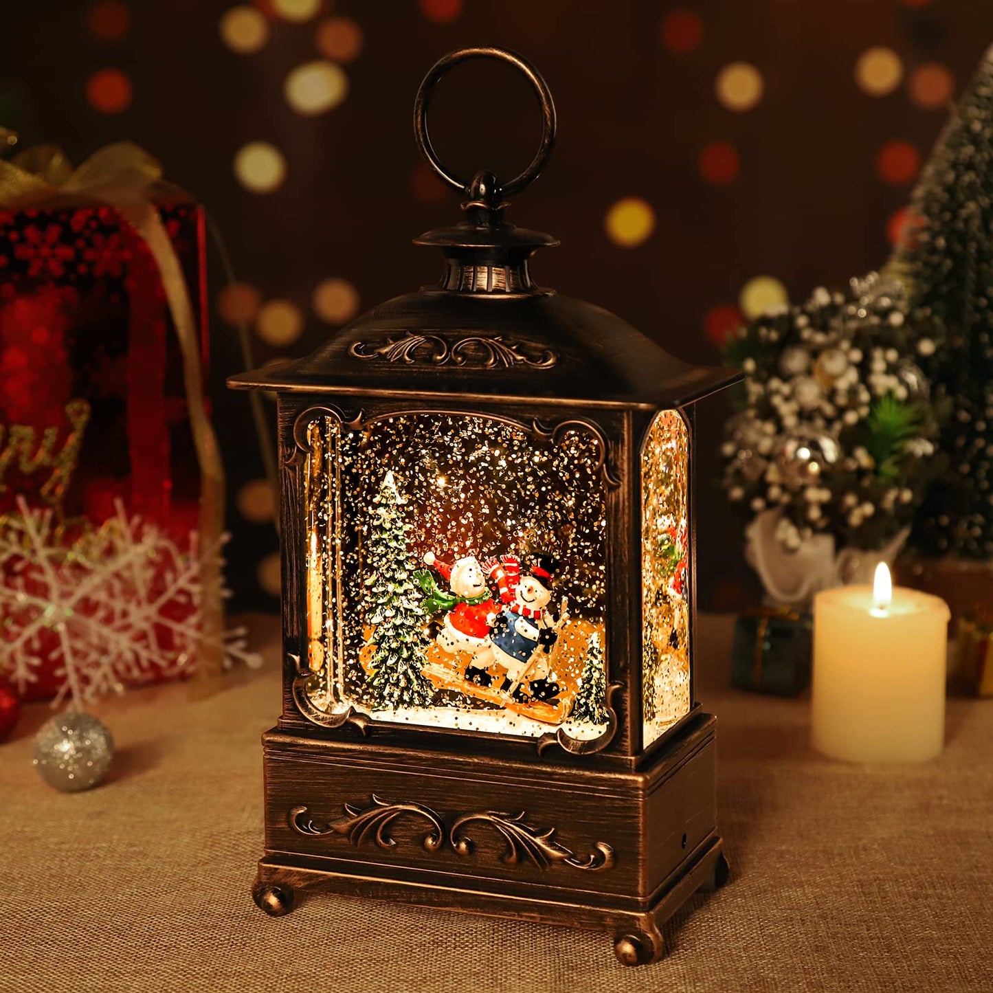 Christmas Snow Globe Lantern Christmas Decorations Water Glittering Lanterns with Music & Timer, USB Lined/Battery Operated Lighted Lantern for Christmas Festival Decoration Gifts (Skiing Snowman)