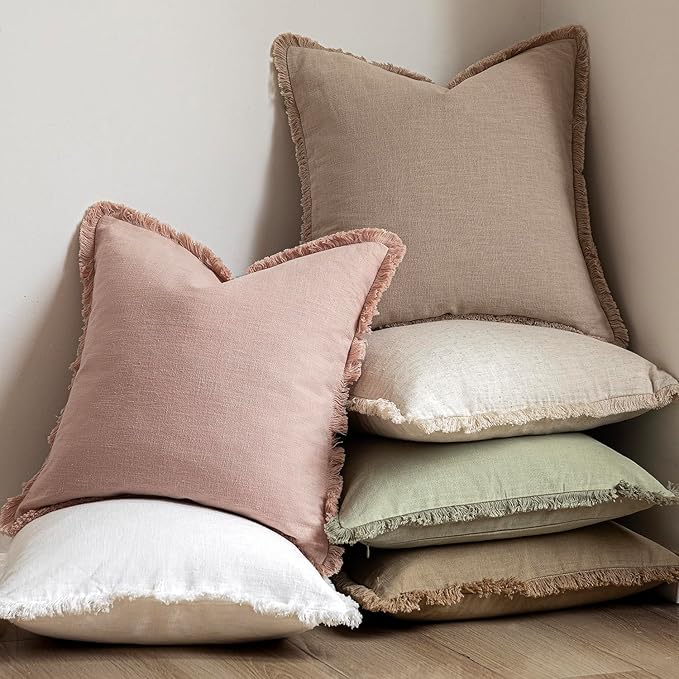 Foindtower Set of 2 Decorative Linen Fringe Lumbar Throw Pillow Covers Farmhouse Cushion Cover with Tassels Soft Accent Pillowcase for Couch Sofa Bed Living Room Home Decor,12×20 Inch,Light Sage Green