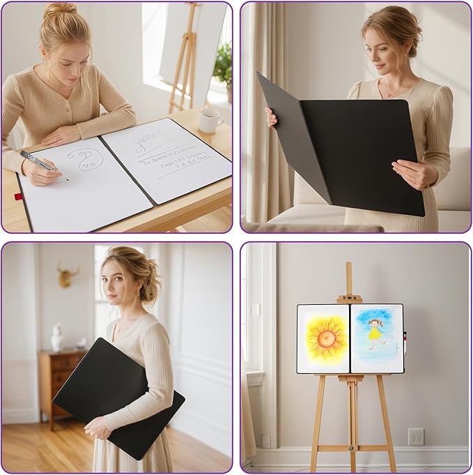 Double-Sided White Board 16×12inch - Expands to 24“×16” Dry Erase Board with 3 Markers & Anti-Ghosting Surface | Magnetic-Ready | Ultra-Thin for Office,School,Travel,Home(16"×12"-Black)