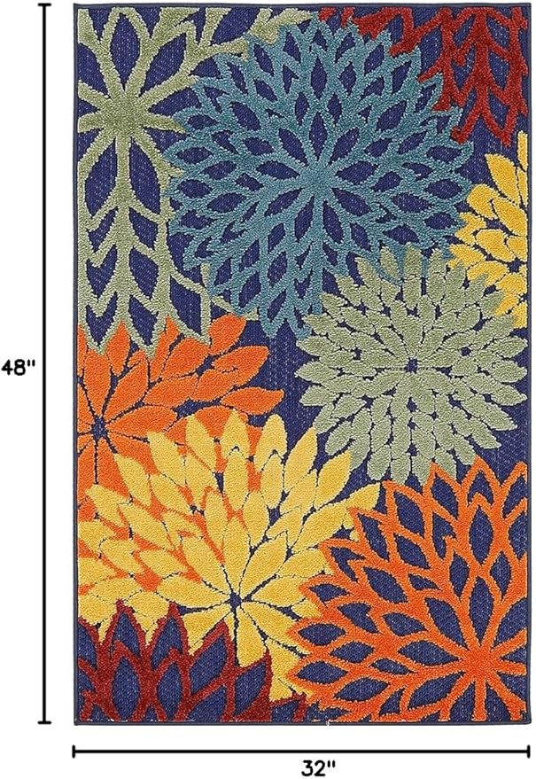 Nourison Home Aloha Indoor-Outdoor Navy Multicolor 2'8" x 4' Area Rug, Easy Cleaning, Non Shedding, Bed Room, Living Room, Dining Room, Backyard, Deck, Patio (3x4)