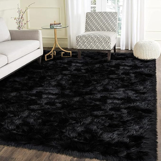 Latepis Shag Rug 6x9, Faux Fur Sheepskin Rug for Living Room, Fluffy Washable Rugs for Bedroom, Dorm, Luxury Room Decor, Black Fuzzy Rugs, Rectangle