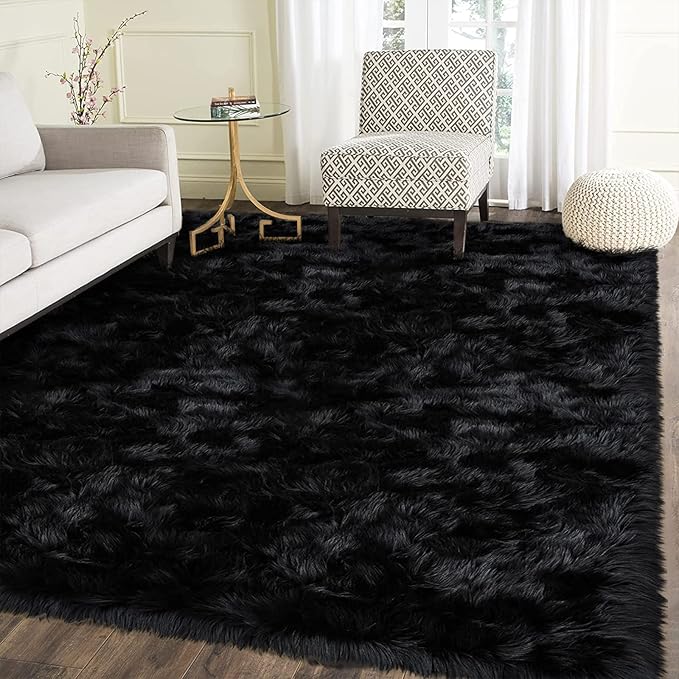 Latepis Shag 5x7 Black Fuzzy Rug Faux Sheepskin Fur Rugs Super Soft Washable Shaggy Rug for Living Room Fluffy Rugs for Bedroom Pure Dark for Luxury Home Décor