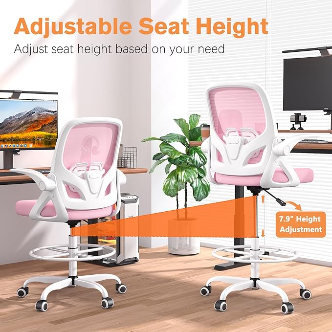 Tall Drafting Chair with Lumbar Support and Footrest Ring, Supportive Tall Extended Height Ergonomic Desk Chair for Home Work, Breathable Mesh Office Chair with Flip up Arms(Pink)