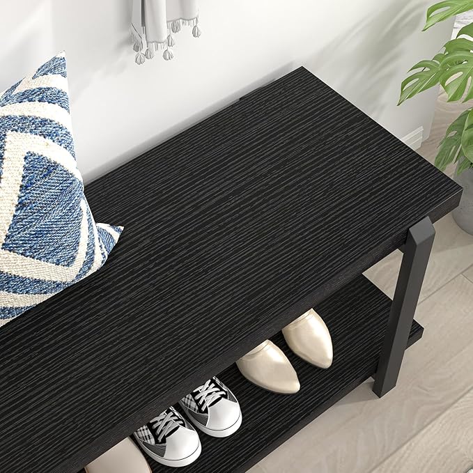 EXCEFUR Entryway Bench, Modern Wood and Metal Storage Bench for Hallway, Industrial Indoor Shoe Rack Bench Seat for Living Room Bedroom, Black Oak 47 Inch Long