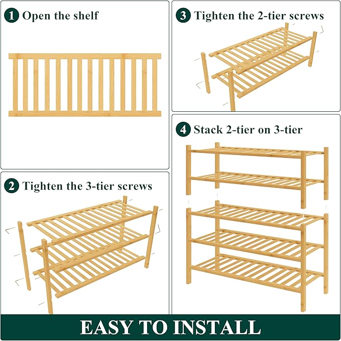 Smiry Bamboo Shoe Rack for Closet, 5 Tier Wooden Stackable Shoe Organizer, Free Standing Shoes Storage Shelf for Entryway, Front Door Entrance, Natural