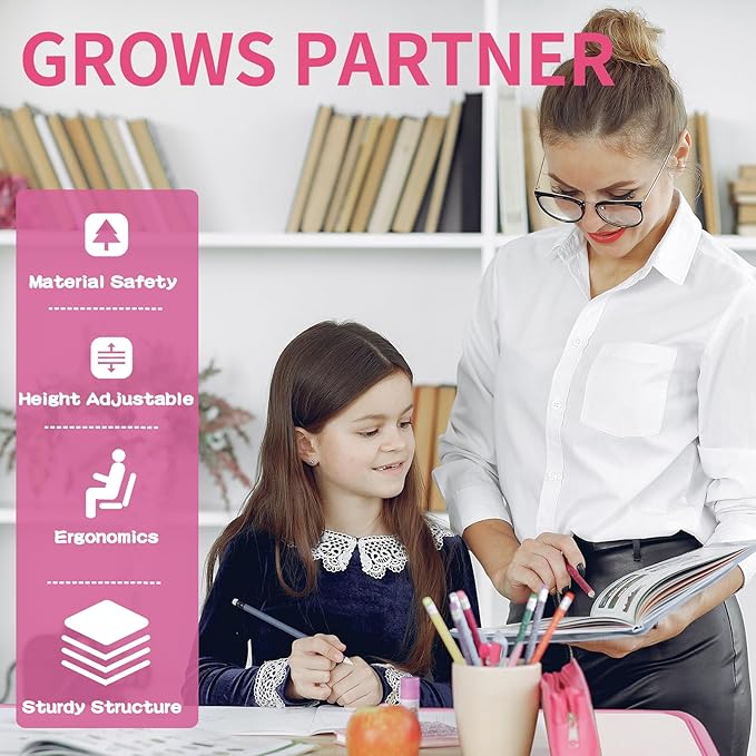 Diroan Kids Functional Desk and Chair Set, Ergonomic Height Adjustable Children School Study Desk with Tilt Desktop, Book Stand, LED Light, Metal Hook and Storage Drawer for Boys Girls(Pink)