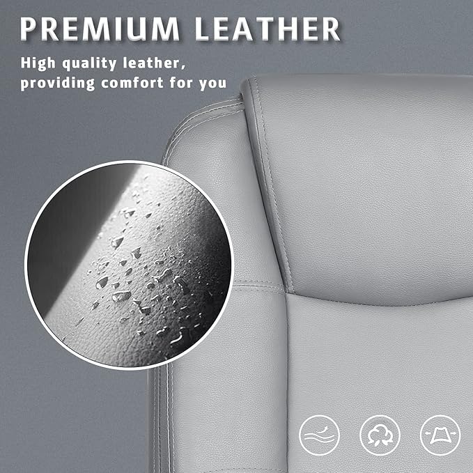 LEMBERI Office Desk Chair, Big and Tall Managerial Executive Chair, High Back Computer Chair, Ergonomic Adjustable Height PU Leather Chairs with Cushions Armrest for Long Time Sitting (Grey)