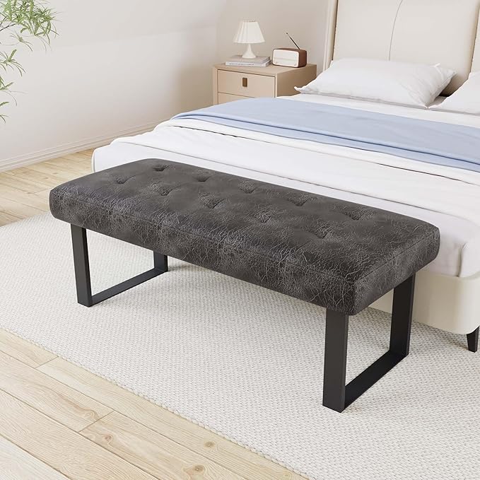 jiexi 45.3'' Upholstered Quality Cloth Fabrics Bench with Metal Leg, Button Tufted Design Footstool, Waiting Bedroom Room Reception Bench, Office Chair, for Entryway and Kitchen