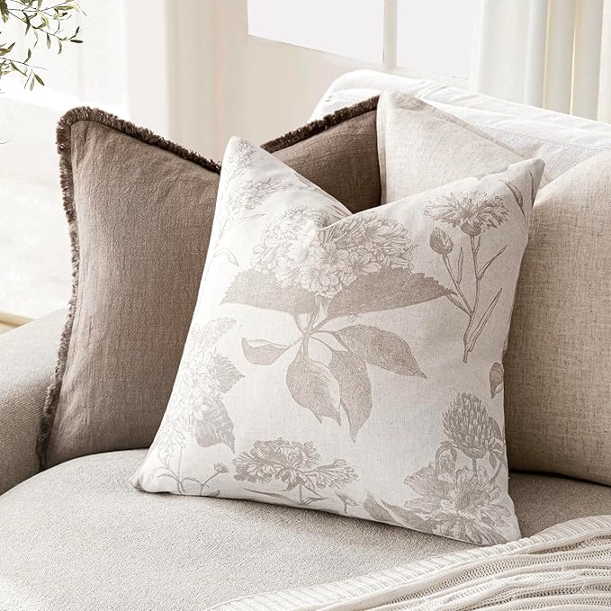 Foindtower Set of 2 Linen Floral Vintage Throw Pillow Covers Neutral Accent Decorative Cushion Covers Farmhouse Boho Home Decor for Sofa Chair Couch Bedroom Living Room Outdoor,22×22 Inch,Tan Beige