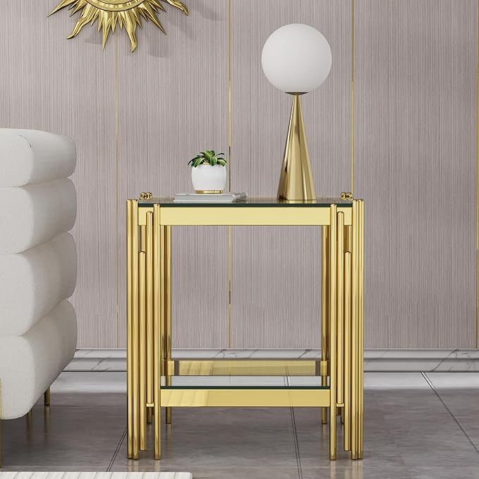 Goujxcy Modern Glass End Table - Gold Sofa Side Table With Clear Top and Mirror Finish Stainless Steel Legs, Luxury Square Coffee Bedside Table for Living Room Bedroom (Gold)
