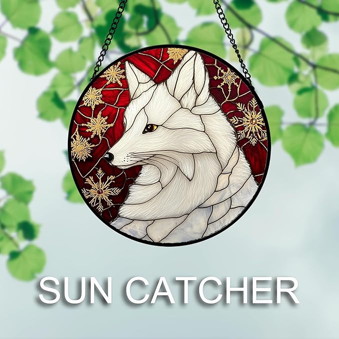 Stained Glass Window Hanging 4 Pcs Set Red Golden Snowflakes 9.8" - Christmas Elk Rabbit Suncatcher Door Garden Sun Catcher Decor Birthday for Mom Woman Nana Men