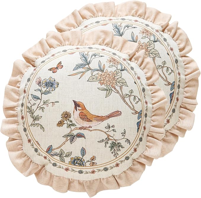 Design Round Floral Bird Linen Throw Pillow Covers Diameter 16" Pack of 2, Yellow Pink Cushion Covers with Flower Chinese Hwamei Decor Pillowcases for Bed,Living Room,Outdoor,Car