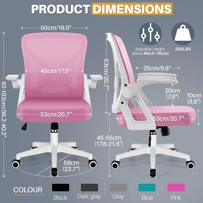 FelixKing Office Chair - Ergonomic Desk Chair Breathable Mesh Task Chair with Wheels and Lumbar Support Home Desk Office Chair with Flip up Armrest Rolling Swivel Computer Chair for Home Office Pink