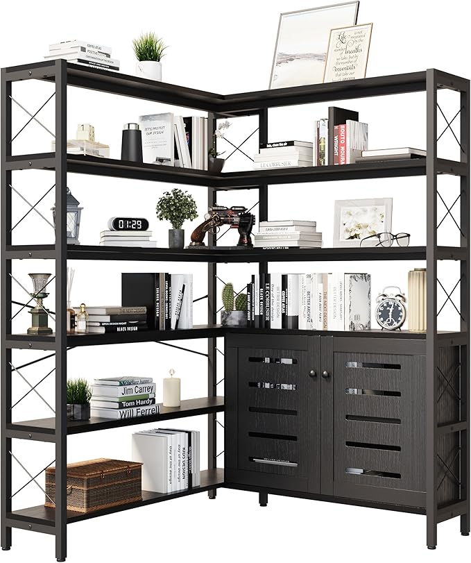 Corner Bookshelves and Bookcases Industrial Corner Etagere Bookcase L Shaped Shelf 6 Tiers with Metal Frame for Living Room Home Office