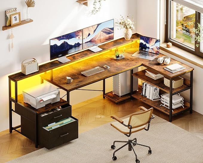 ODK L Shaped Desk with File Drawer, 75" Reversible L Shaped Computer Desk with Power Outlet & LED Strip, Office Desk with Storage Shelves, Gaming Desk with Monitor Shelf, Corner Desk, Vintage