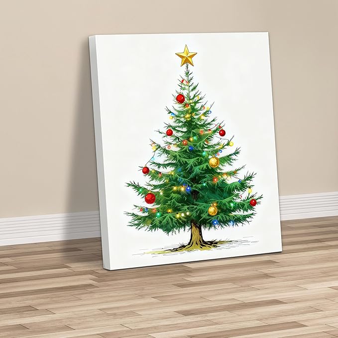 Framed Christmas Pictures Wall Decor,Vintage Pine Tree Prints,Winter Christmas Canvas Wall Art Decoration for Bedroom Bathroom Living Room Rustic Xmas Holiday Gifts (Christmas Tree 7, 12'' X 16'')