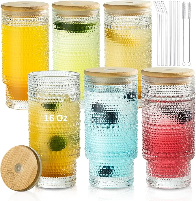 KEMORELA Set of 6 Hobnail Drinking Glasses with Cool Glassware Lid and Straw, 16oz XL Highball Bubble Cocktail, Old Fashioned Beverage Glasses, Romantic Water Glasses for Juice