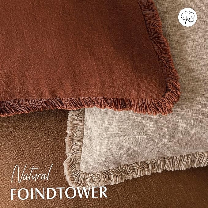 Foindtower Set of 2 Decorative Linen Fringe Throw Pillow Covers Cozy Farmhouse Cushion Cover with Tassels Lumbar Accent Pillowcase for Couch Bed Living Room Home Bedroom Decor, 12×24 Inch,Orange Brown