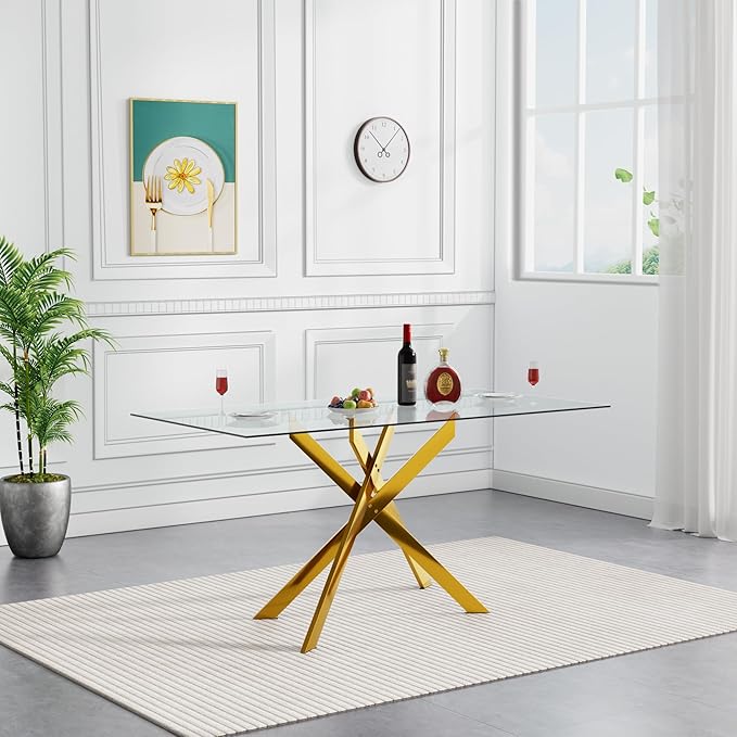 51.18" Glass Dining Table for 4-6, Dining Room Table with Clear Tempered Glass and Gold Metal Legs, Modern Rectangular Kitchen and Dining Room Dinner Table for Kitchen