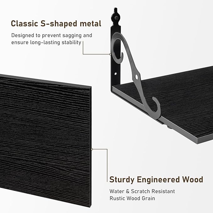 Deep Floating Shelves, 16" W x 12" D Wall Shelves Set of 2, Wide Display Shelf Wall Mounted with Brackets, Bookshelf for Living Room, Bathroom, Bedroom, Black