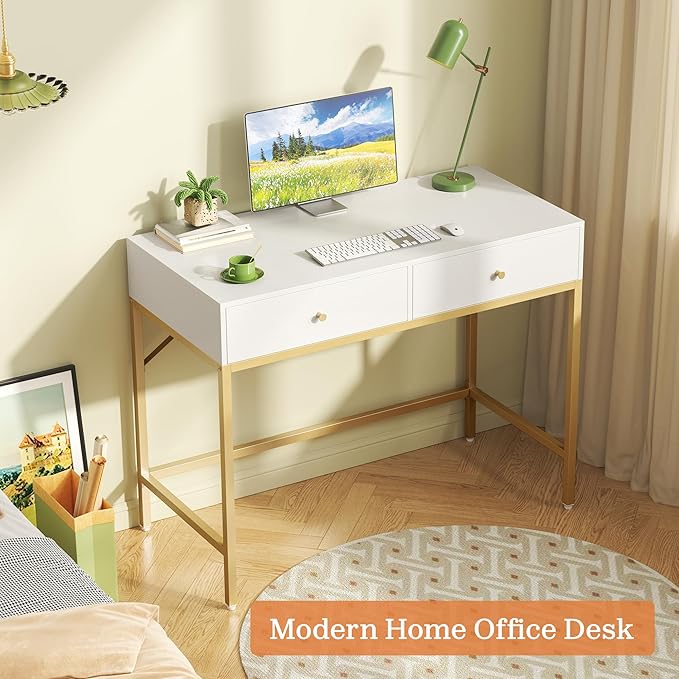 SUPERJARE 31.5" White and Gold Desk with 2 Drawers, Modern Vanity Desk, Small Makeup Table for Home Office Writing Study Bedroom