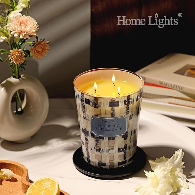 HomeLights Scented Candles for Women & Men, 34oz Candle Jars Aromatherapy 3-Wick Candle, Ideal for Rustic Modern Home Decor and Gifts, Blueberry Cheesecake
