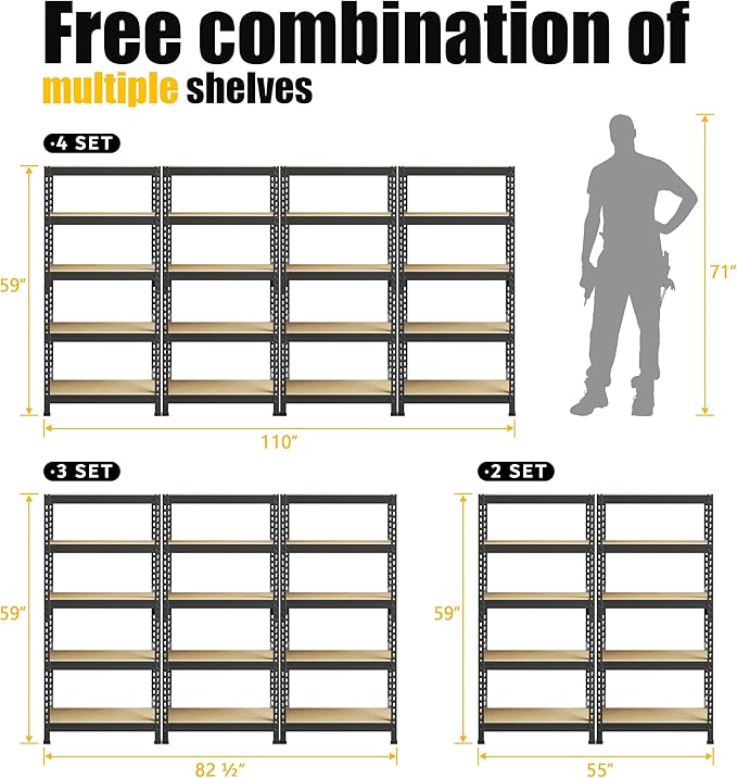 PrimeZone Storage Shelves 2 Pack 5 -Tier Heavy Duty Shelf, 1325 lbs /Pack Capacity Adjustable Metal Garage Storage Rack, Shelving Unit Rack 28" x 12" x 59" for Warehouse Pantry Closet Kitchen Black