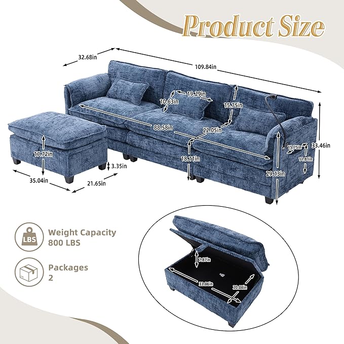 KEIKI 110" L-Shaped Boucle Modular Sectional Chenille Sofa with 1 Ottoman & Memory Foam Cushion & Phone Holder & USB, Upholstered Modern Oversized 4-Seater Couch, Easy Assembly, for Living Room, Navy