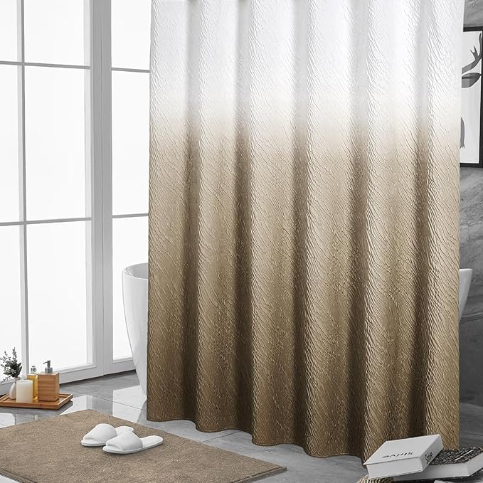 MitoVilla Brown Ombre Shower Curtain Set with Hooks, Waves Textured Fabric Shower Curtains for Modern Luxury Bathroom Decor, 3D Marble Geometric Embossed Cloth Bathroom Shower Curtain, 72 x 72