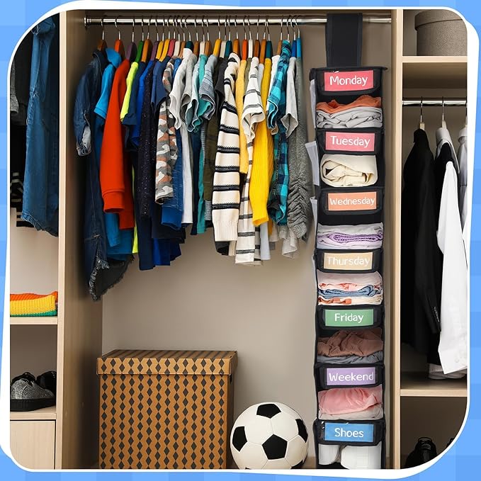 2 Pack 7 Shelf Weekly Clothes Organizer Hanging Closet for Kids with Side Pockets Weekday Shoes Rack Weekly Clothes Organizers Monday Through Weekend Foldable Storage Shelves(Black)