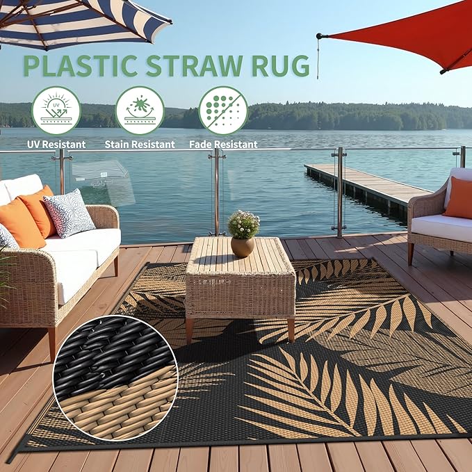 Outdoor Rug 9’x12’ Waterproof for Patio Clearance, Reversible Indoor Outdoor Plastic Straw Camping Rug Carpet, RV Mat, Large Area Rug for Deck, Backyard, Balcony, Porch, Beach, Black & Brown