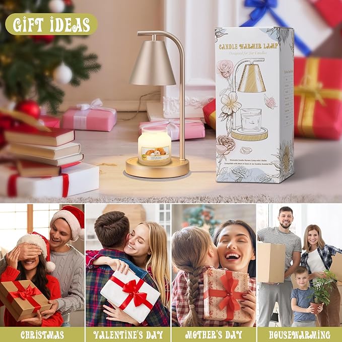 Champage Gold Candle Warmer with Timer - Electric Candle Lamp for Scented Wax with 2 Bulbs - House Warming Gifts for Women