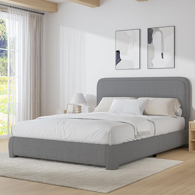 BarnFurin Full Size Bed Frame with Headboard, Boucle Upholstered Platform Bed Frame, Modern Style, Soft Rounded Corners, No Box Spring Required, Easy Assembly, Light Grey
