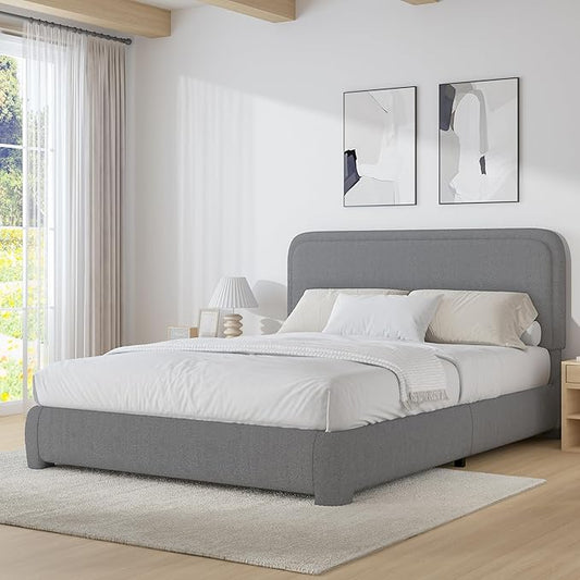 BarnFurin Queen Size Boucle Bed Frame with Headboard, Upholstered Platform Bed with Wood Slats, Soft Rounded Corners, No Box Spring Required, Easy Assembly, Light Grey