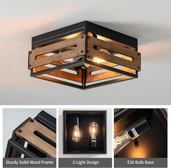 MAYNA Farmhouse Ceiling Light, 2-Light Rustic Flush Mount Ceiling Light with Metal and Wood, Farmhouse Hallway Light Fixtures for Kitchen Entryway Bedroom Dining Room