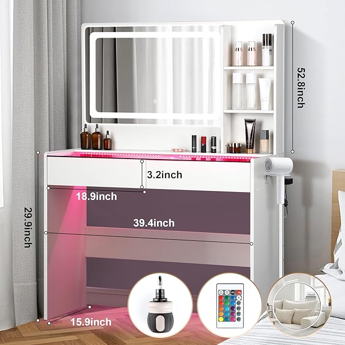 Vanity Desk,Transparent Desktop,Multiple Color Ambient Lights,with Mirror and Tri Color Light Strip,Dressing Table with Charging Station,Equipped with 2 Drawers,White