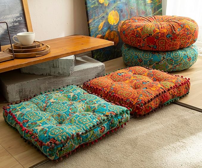 vctops Boho Cotton Linen Square Chair Seat Cushions for Dining Kitchen Office Chairs Super Soft Printed Chair Pads with Pompom Fringe (Orange,16"x16")