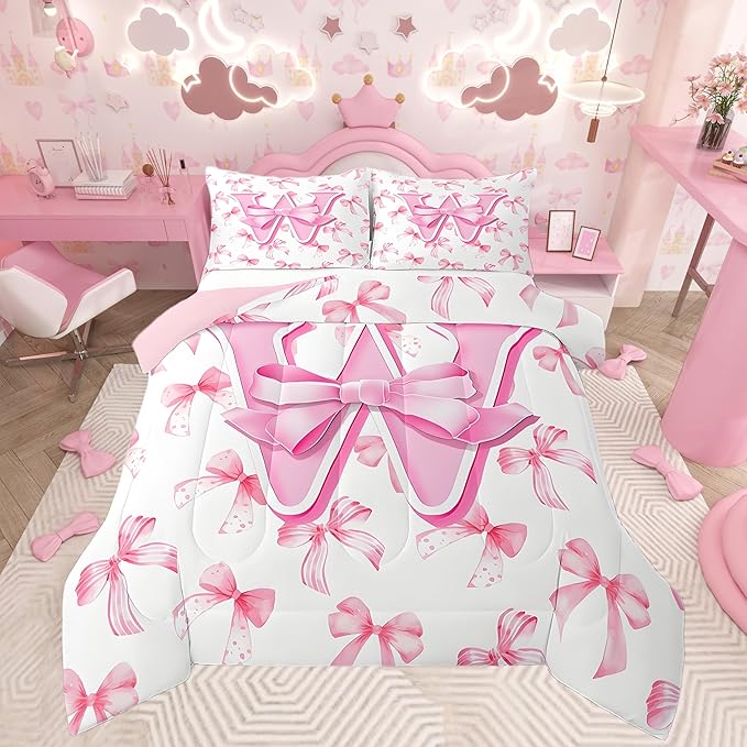 jejeloiu Kids Girls Cute Pink Bow Comforter Set Full Size Monogrammed Bedding Set Ultra Soft Personalized Initial W Duvet Quilt Coquette Bow Knot Quilt Set Room Decor Modern Fashion Comforter