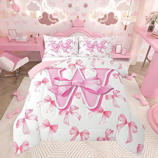 jejeloiu Kids Girls Cute Pink Bow Comforter Set King Size Monogrammed Bedding Set Ultra Soft Personalized Initial W Duvet Quilt Coquette Bow Knot Quilt Set Room Decor Modern Fashion Comforter