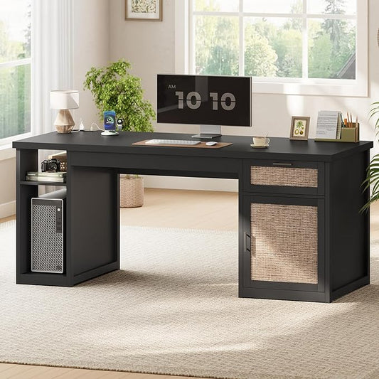 SEDETA 55.1" Rattan Computer Desk with Drawers, Office Desk with Drawers & Storage Cabinet, Farmhouse Home Office Desk with Storage, Wood Writing Desk with Power Outlets for Home Office, Black