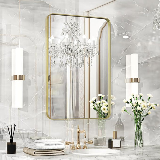 Fun Memories Gold Bathroom Mirror 20x30 Inch Bathroom Vanity, Metal Black Frame Large Mirror, Modern Wall Mirror for Bathroom, Tempered Glass, Farmhouse, Horizontally or Vertically