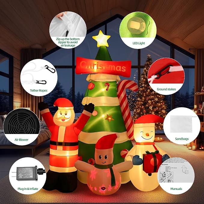 Max Fun 9Ft Christmas Tree Inflatables Decorations with Santa Snowman Built-in LED Lights Blow Up Christmas Tree Outdoor Decoration for Christmas Party Holiday Outdoor Garden Lawn Yard Decor