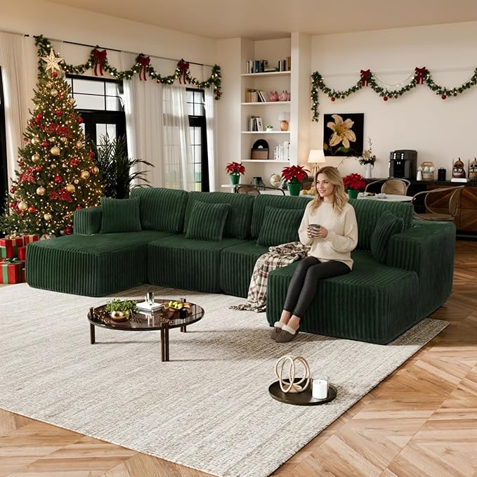 132" U Shaped Boneless Couch, Cloud Sectional Modular Sofa with Double Chaise Lounge, Corduroy Cloud Couch with Pillows & Deep Seat, Boneless Sofa for Living Room, Green