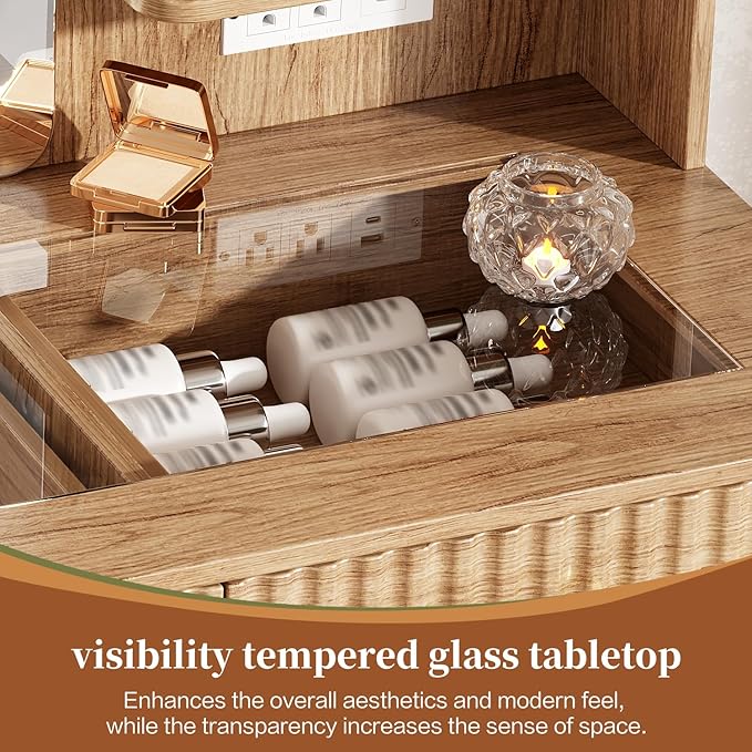 Large Makeup Vanity Desk with Mirror and Lights, Vanity Desk with 6 Drawers & Storage Shelves, Vanity Table with Power Outlet, 3 Color Modes & Adjustable Brightness Dressing Table, Bedroom,Wood