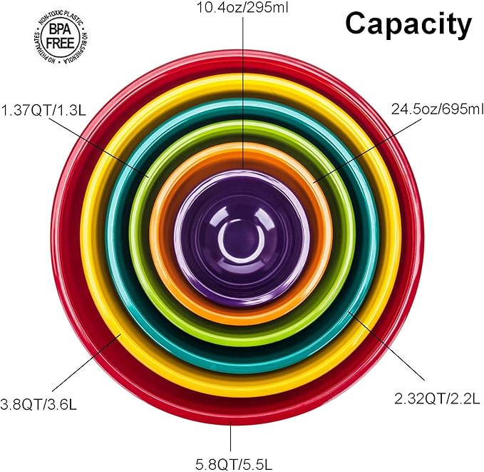 KX-WARE Melamine Mixing Bowls with Lids - 6 Piece Melamine Bowls and 6 Piece Plastic Lids, Multicolor