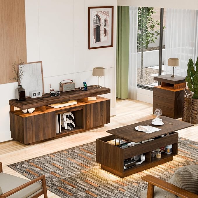 HOMMPA LED TV Stand for up to 70" TV Entertainment Center with Power Outlets, Gaming TV Consoles with Storage Media Table with LED Lights Game Cabinet for Living Room Walnut